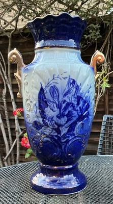 VINTAGE T.Rathbone &Co ''Victor'' handbemalte Porzellanvase 13'' blau & gold englisch