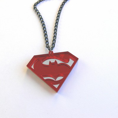 Batman Superman duel necklace Laser cut mirror red acrylic