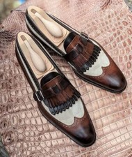 Handmade mens two tone fringe shoes, Mne real calf leather dress shoes