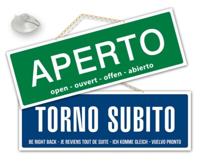 Schild OFFEN und SOFORT ZURÜCK mittel/groß 24 x 8,8 cm Set Kette und Saugnapf