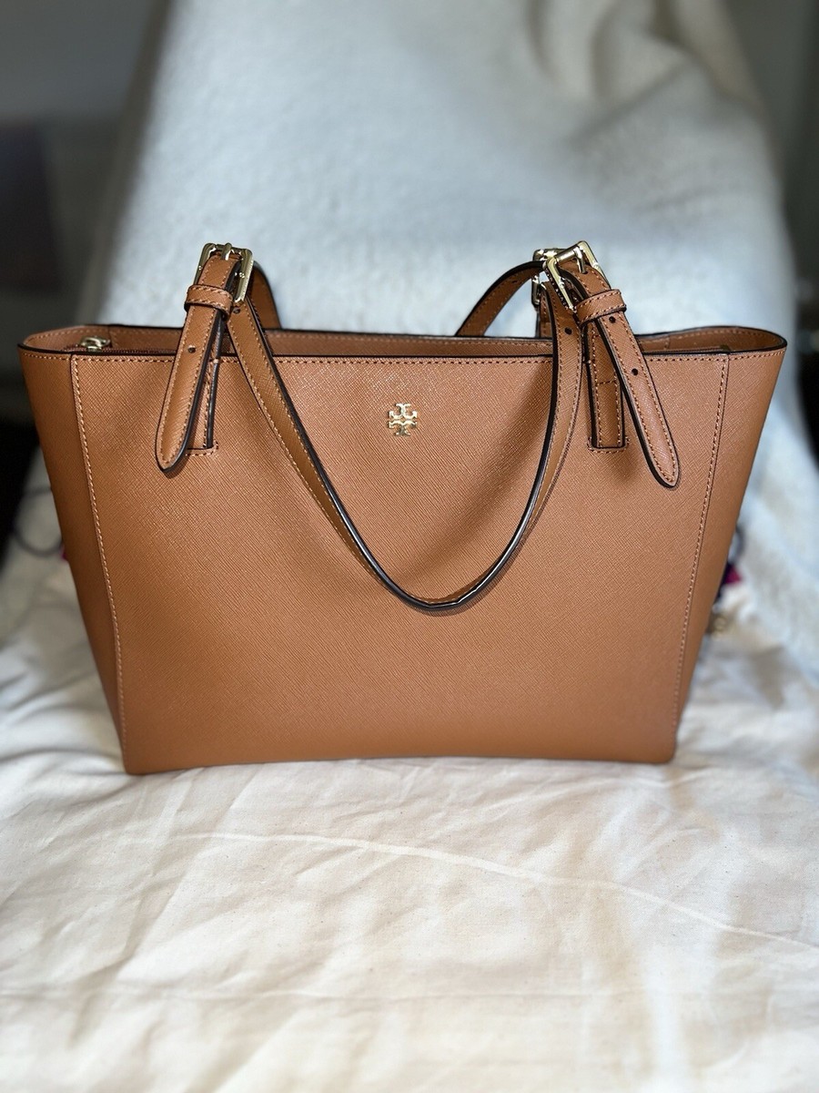 Tory Burch York Buckle Tote Bag Tan Brown Saffiano Leather Gold