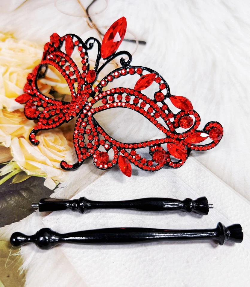 Red Masquerade Mask, Crystal Handheld Mask, Black Mask with Stick, Venetian Mask - Image 2 of 4