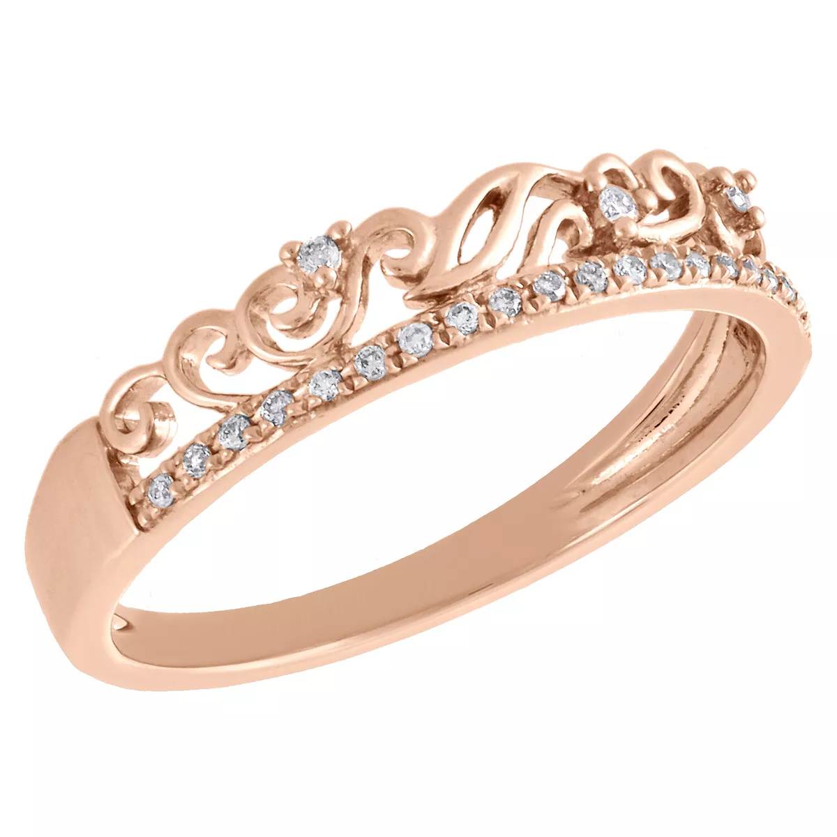 10K Rose Gold Scattered Diamond Filigree Stackable Right Hand Ring