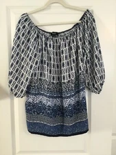 NAIF Blue & White Peasant Top Blouse - Size 1X