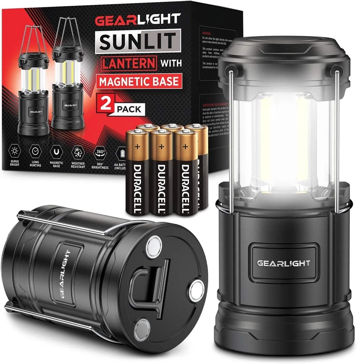GearLight LED Camping Lantern Sunlit (2 Pack) for Emergency, Power Outages BLACK