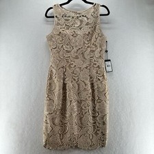 Adrianna Papell Dress Size 6 Lace Overlay Sheath Boat Neck Sleeveless Beige