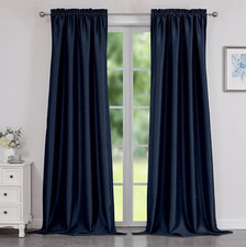 Luxury Navy Blue Faux Silk Curtains, 96" Room Darkening Drapes - 2 Panels