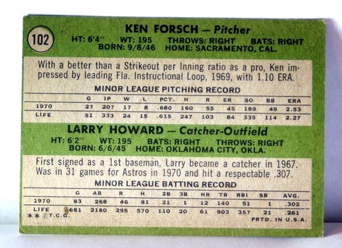1971 #102 Topps Rookie Stars Astros Ken Forsch / Larry Howard - Picture 2 of 2