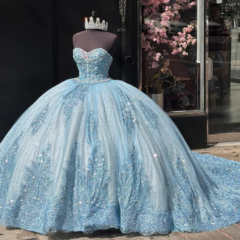 Luxury Sky Blue Quinceanera Dresses Ball Gown Lace Sequin Applique Sweet16  Dress | eBay