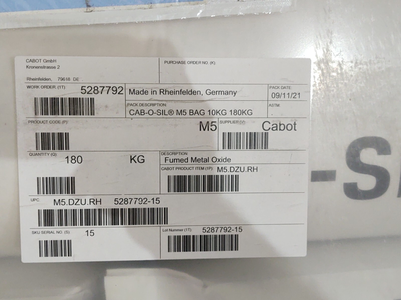 Pallet Cabot Fumed Silica CABOSIL M5 18 / 10KG Bags Epoxy Thickener