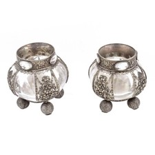 Pair Rare 19th Cen. Silver & Rock Crystal Vases&Topographical Enameled Vignetess