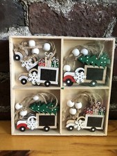 Wooden Christmas Truck Ornaments Hanging with Bead Decoration 12 Pieces Per Set