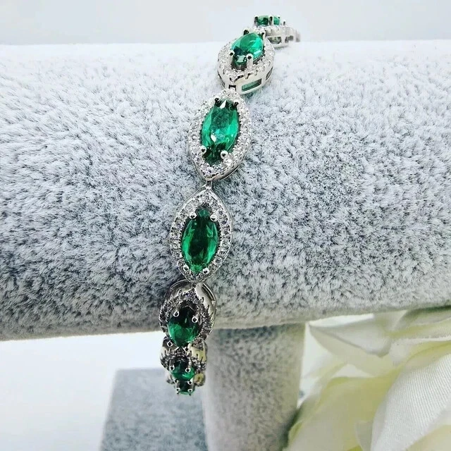 VALENTINO Bracciale donna smeraldo verde creato in laboratorio taglio marchesa 6 ct 14 carati Wh placcato oro 7 5"