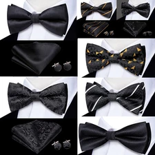 USA Gold Paisley Mens Bow Tie Cufflinks Hanky Set Wedding Prom Party Set