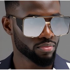 Men's Oversized Square Rimless Sunglasses Gold Tone Black Sides Gradient Lenses