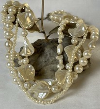 90s 4-Strand Faux Pearl MOP Choker Necklace 19  Mixed Shaped Silver Snap Clasp