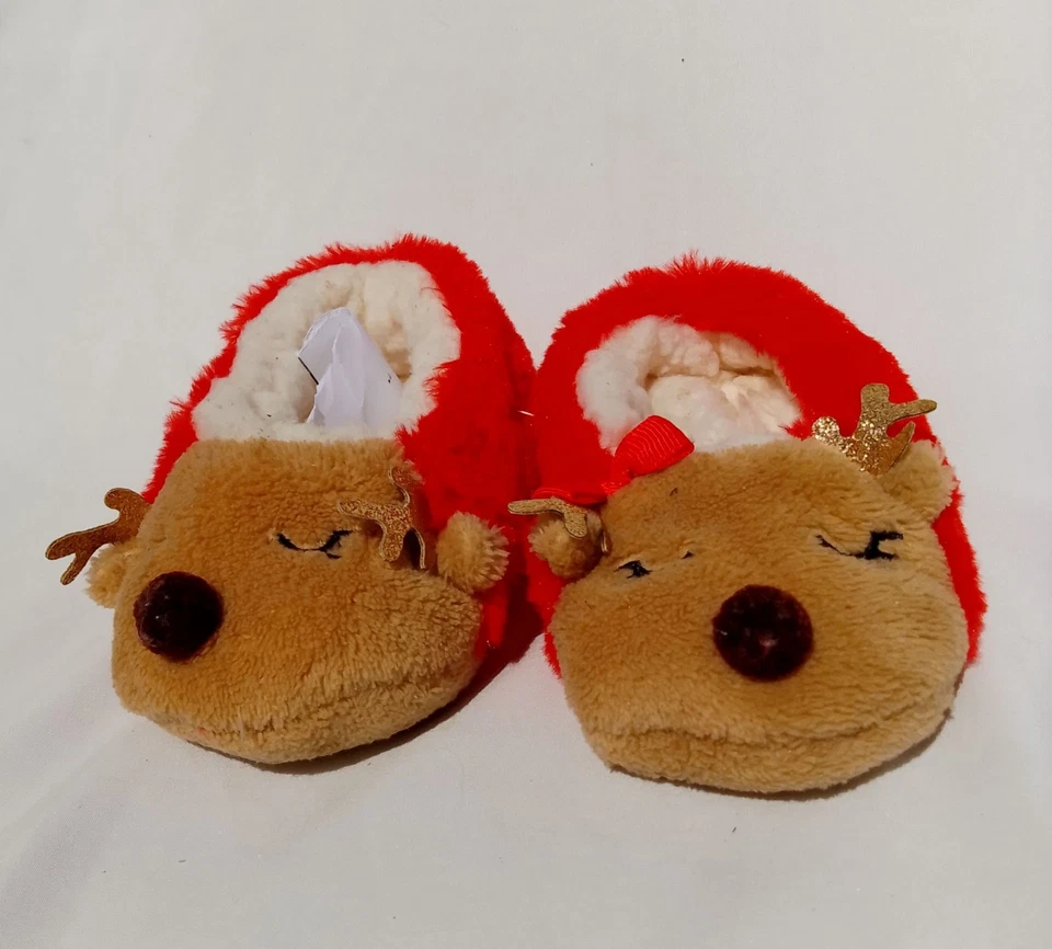 Zapatillas de dormitorio Sherpa forradas de reno rojo y marrón para niñas pequeñas talla 4 Foto 2 de 4