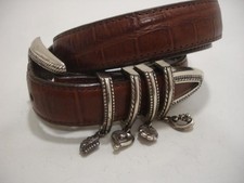 Women's M L 32 Brighton Brown Alligator Print Leather Belt Silver Charms Buckle