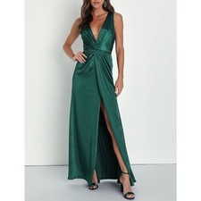 NWT Lulus Women's M Emerald Satin Sleeveless Pleated Maxi Dress Formal