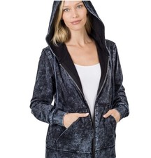 Zenana Signature Full Zip Hoodie Sweatshirt Unisex LG Blue Mineral Washed EUC