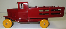 Vtg Wyandotte Red Stake Truck in Pressed Steel, Yellow Wood Wheels