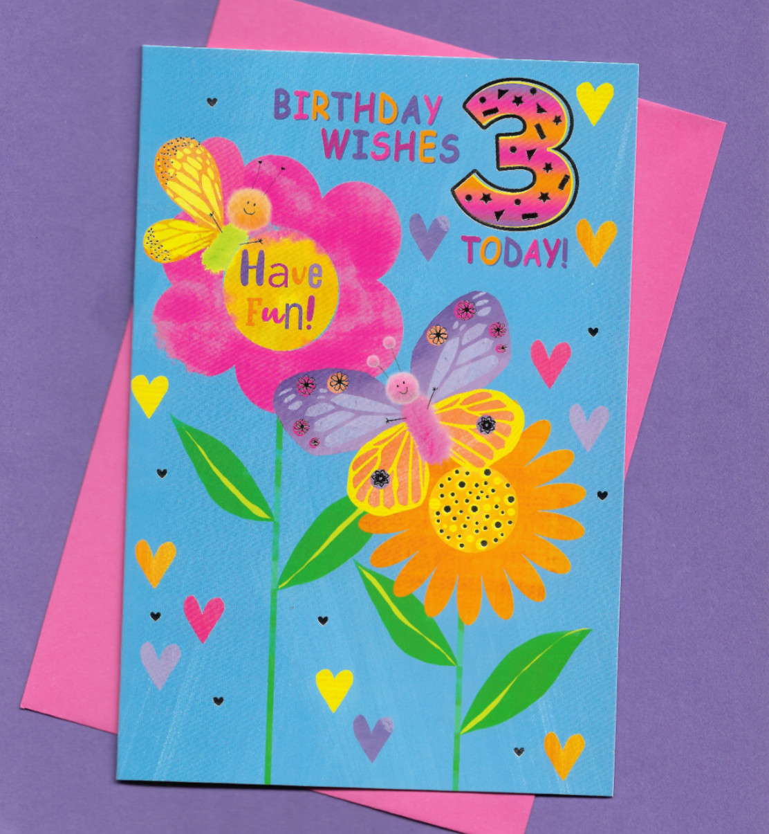 Birthday Card Age 3 Three 3rd Female Girl Child Colourful Butterfly 19x13cm