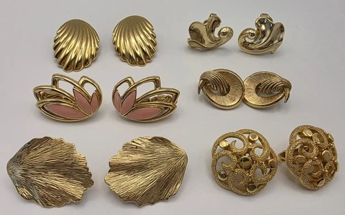 Vintage LOT 6 Pairs Trifari  Variety of  Clip Earrings  Enamel Golden