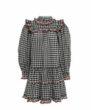Ulla Johnson Elm Plaid Gingham Ruffle Long Sleeve Mini Dress Size 2 Black
