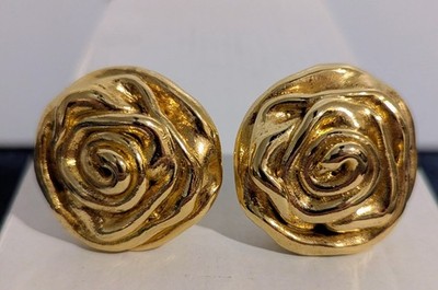 Vintage 1980s Jacky De G Flower Rose Clip-On Earrings Gold Tone