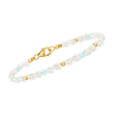 Ross-Simons 3x5mm Cult Prl & 3mm Amazonite Station Brclt w 18k Gold Plate