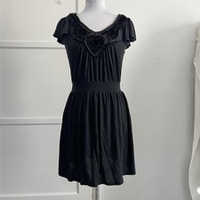 Soprano Black Little Black Dress LBD Ruffle V-Neck Cap Sleeve Elastic Waist S M