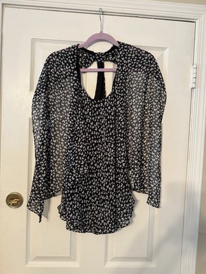 Bisou Bisou Women s XS Black And White Sheer Butterfly Blouse Shirt