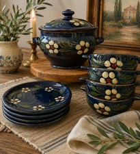 Hand Painted Blue Pottery Soup Tureen Set,  F...