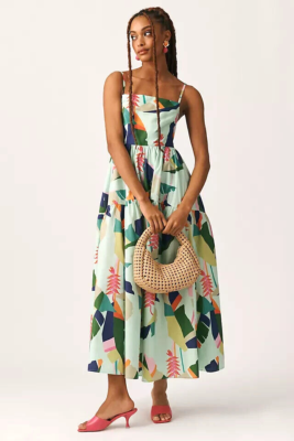 New Farm Rio Tie Back Dress Anthropologie Square Neck Tiered Tropical Size  XL | eBay