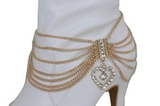 Women Fashion Boot Chains Bracelet Strap Gold Metal Love Heart Shoe Silver Charm