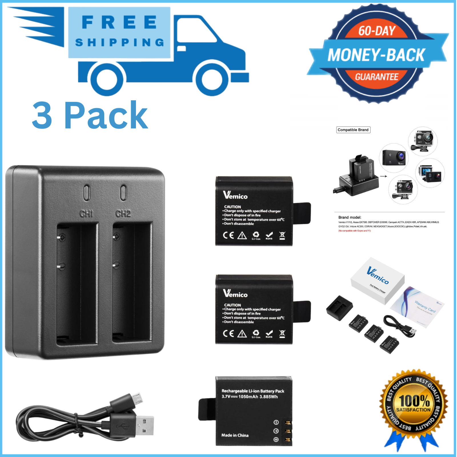 Action Camera Battery 1050mAh 3-Pack PG1050 Battery for AKASO EK7000Brave 4 SJ-image