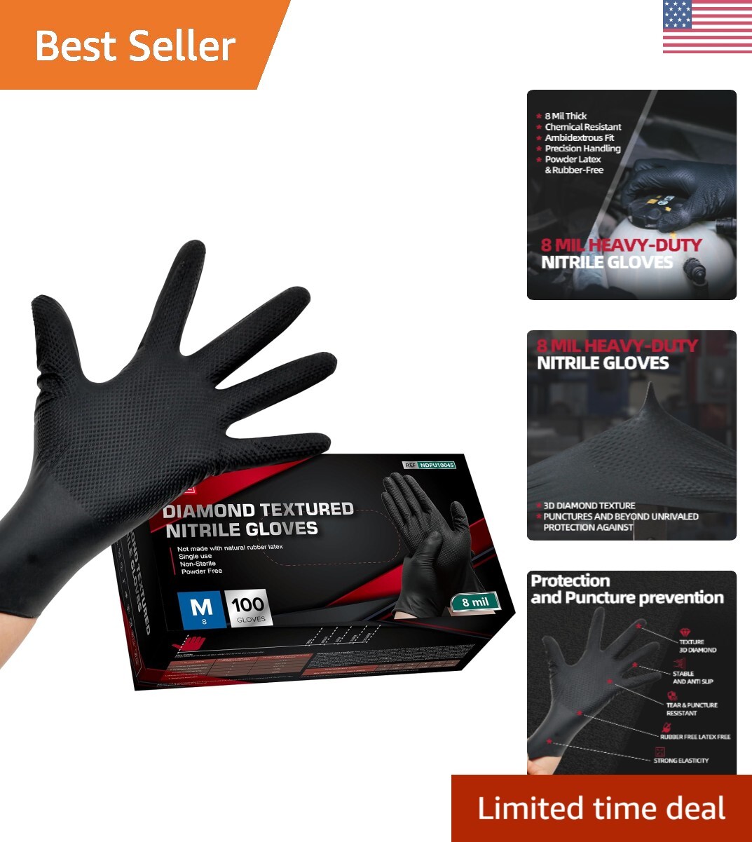 Heavy Duty 8 Mil Black Nitrile Gloves - Medium, 100 Count