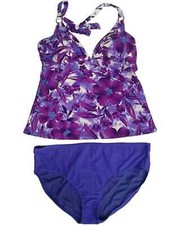 Womens Purple Violet Floral Flower 2 Piece Swimming Suit Leaf Print Tankini Set