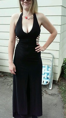 Lenovia Womens Black-Halter Style Jeweled Evening Gown Size XS