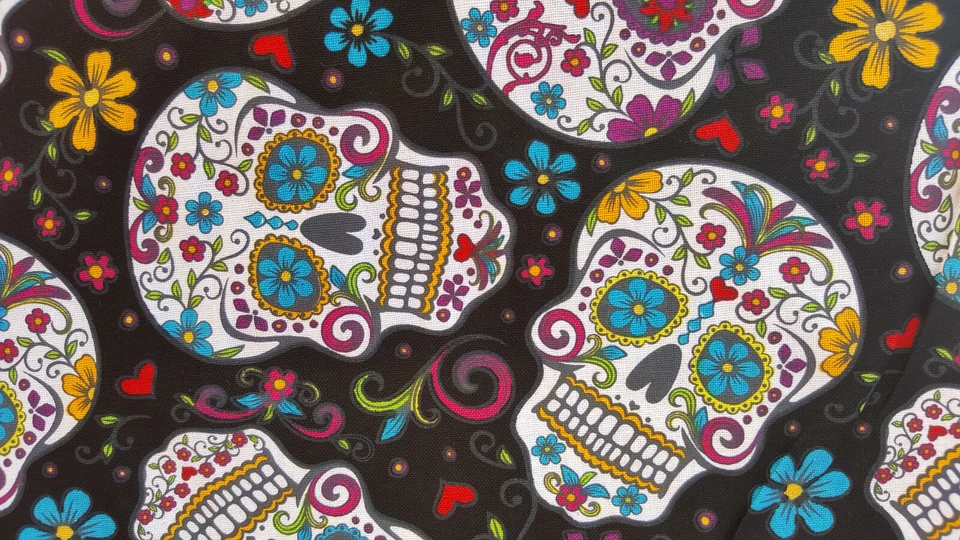 Black Cotton Fabric White Sugar Skull Calavera Dia De Muerto Day of Dead By Yard - Image 2 of 4