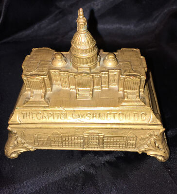 Antique US Capitol Gold Gilt Enamel Jewelry Casket Trinket Box Jennings Brothers