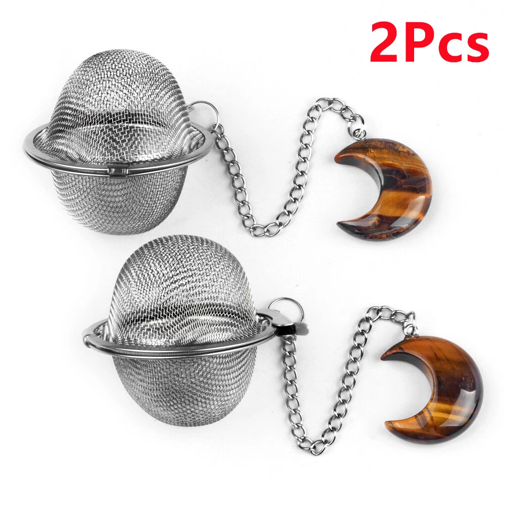 2Pcs Natural Tiger Eye Gem Moon Stainless Steel Tea Ball Strainer Infuser HT2323