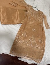 Beige Pakistani Net Silk Blend Embroidered Salwar Kameez w Dupatta Women S 34