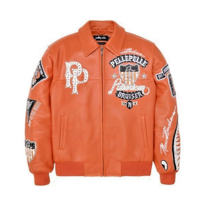 Mens Orange American Bruiser Eagle Studded Retro Leather Bomber Jacket pely pely