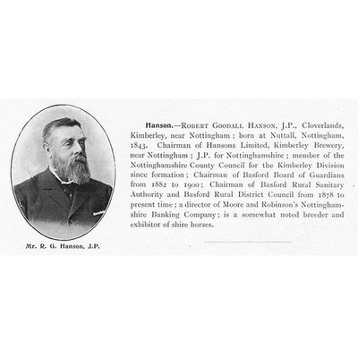 Robert Goodall Hanson of Cloverlands, Kimberley Notts antiker Druck 1901