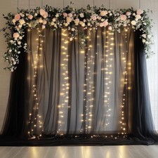 2 Panels 5x10 Ft Black Sheer Tulle Backdrop Curtain String Lights 10x10 Ft Set