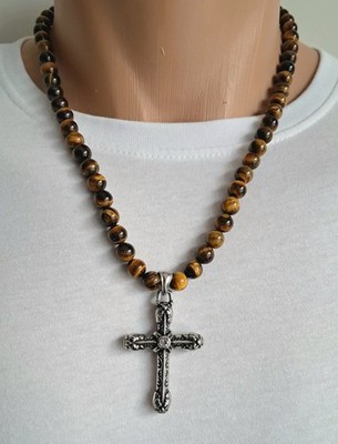 Perlenkette Tigerauge Anhänger Kreuz Halskette Choker Weihnachtsgeschenk