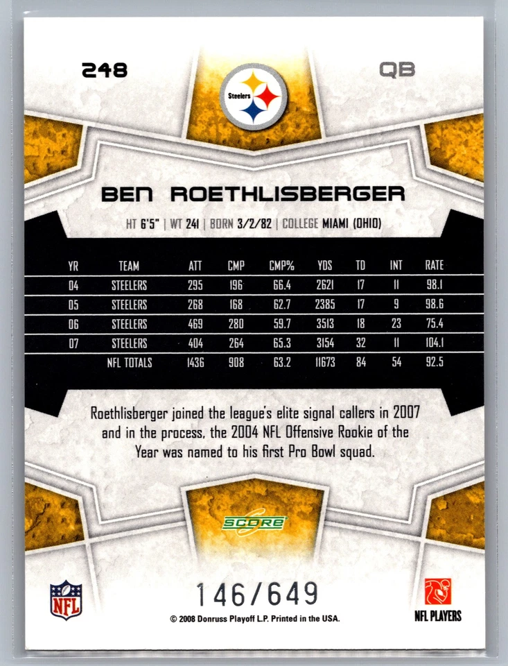Ben Roethlisberger 2008 Score Scorecard #/649 #248 Pittsburgh Steelers - Image 2 of 2