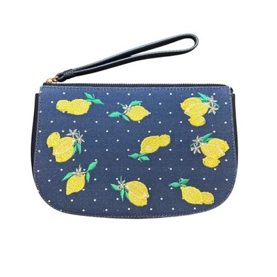 Talbots Wristlet Clutch Embroidered Lemons Blue and Yellow