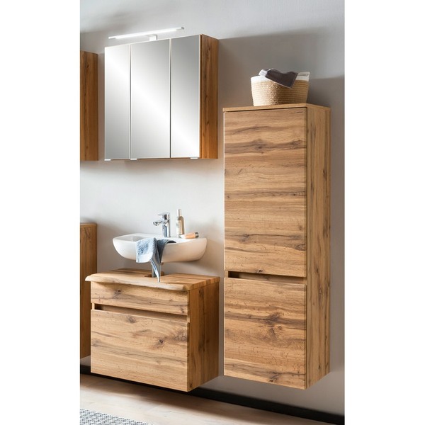 Badezimmer Set Midischrank Led Spiegelschrank Waschbeckenunterschrank Eiche-image